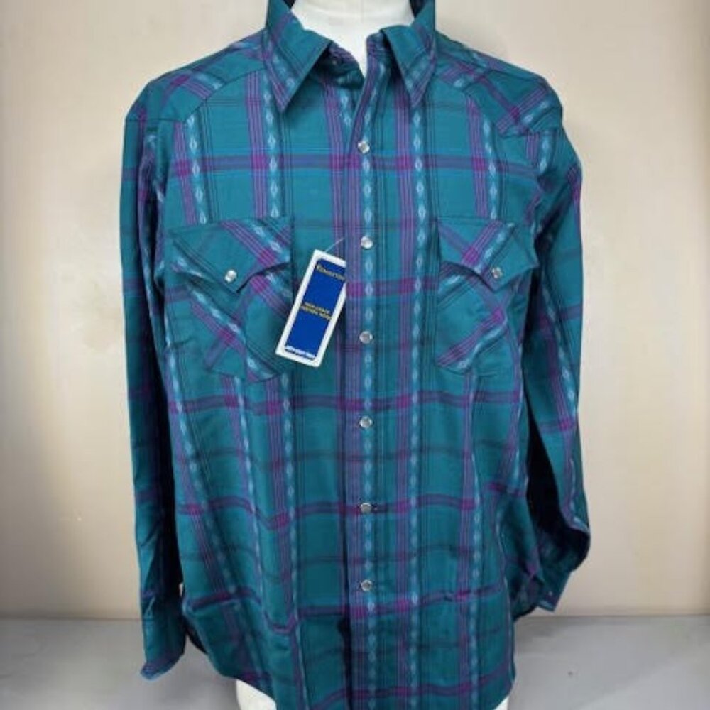 Vtg Teal Blue Purple Pendleton High Grade Western Wear Wool Shirt Pearl Snaps XL